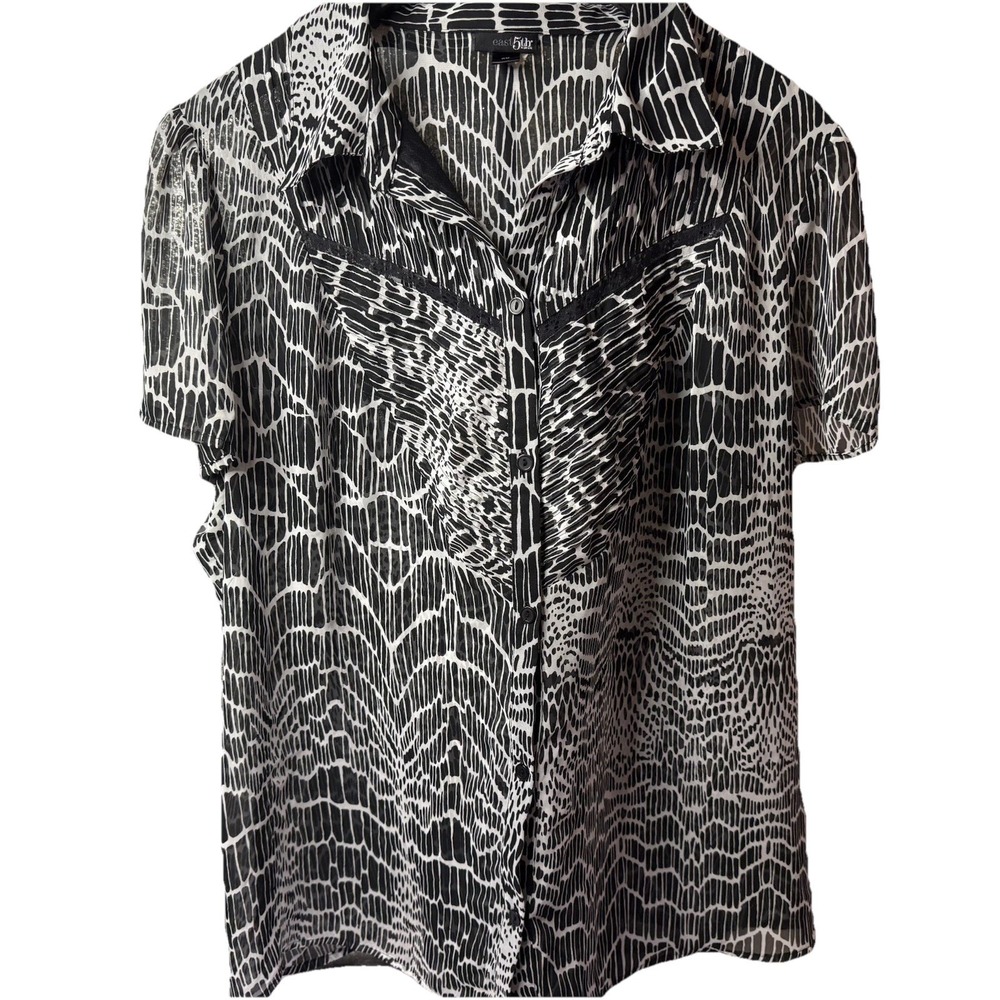East 5th Women's 2X Plus Size Blouse Black White Abstract Sheer Short Sleeve Top
